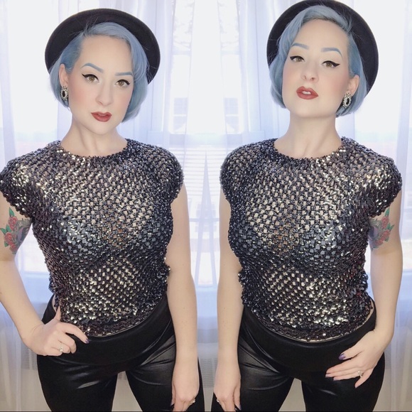 Vintage Black and Silver/Gray Sequin Mesh Top - Picture 1 of 8